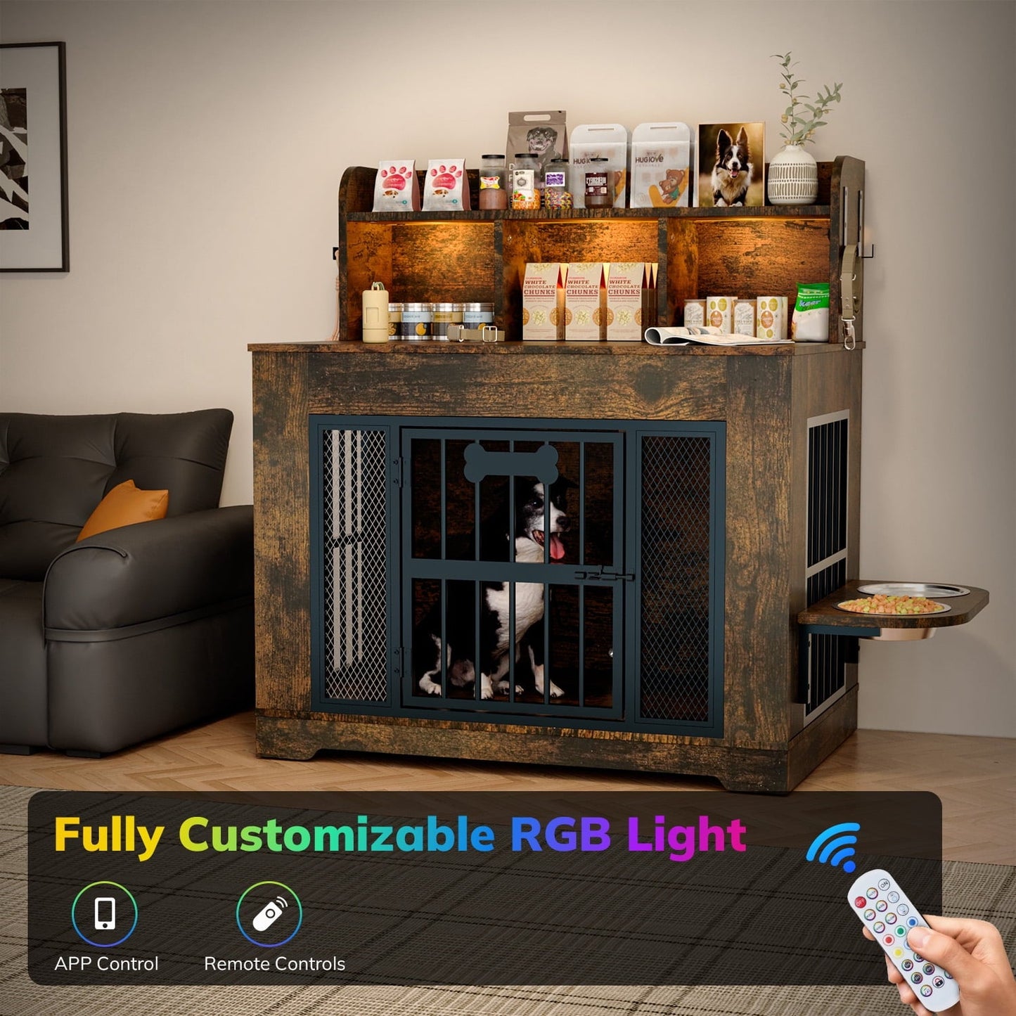 Behost 34" Industrial Dog Crate Furniture with Feeding Bowls LED Light Bone Nameplate Double Layer Storage for Large Dogs Rustic Brown