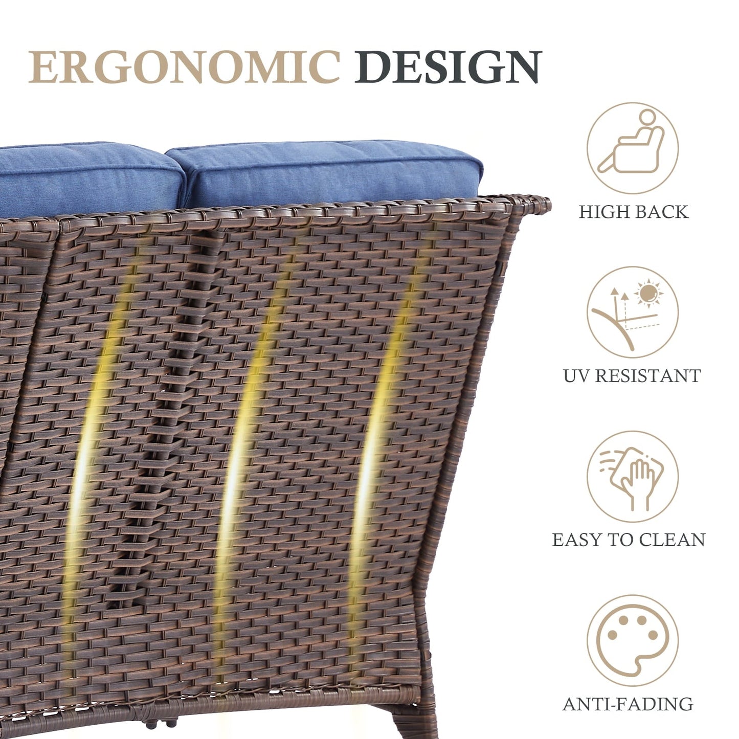 OPOHORO 71" Wide Brown Wicker Patio 3-Seat Couch, Weather Resistant Rattan Outdoor Furniture Sofa with Deep Seat for Patio Backyard Porch, Blue Cushion