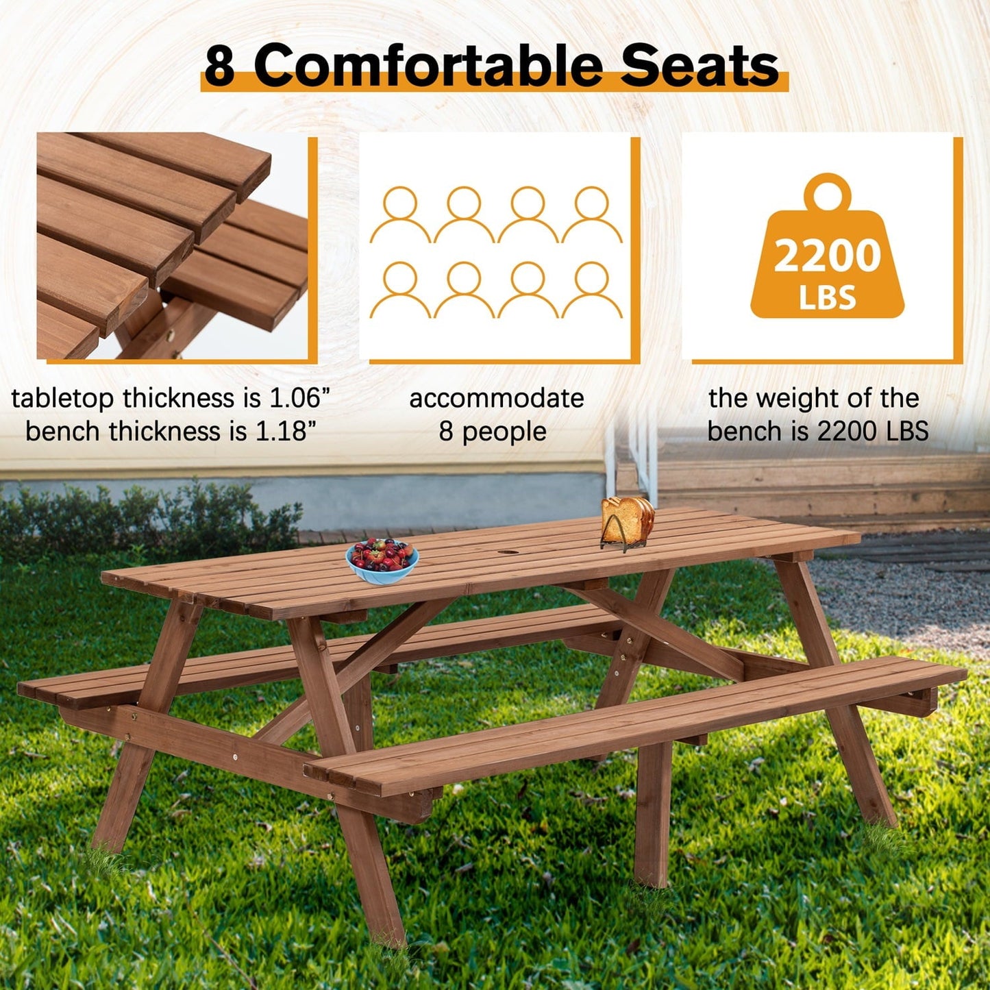 75 Inch Picnic Table, 8-Person Wooden Picnic Table with 2 Built-In Benches, Outdoor Camping Dining Table for Backyard, Garden, Patio, DIY Assembly, 2220 lbs Capacity, Brown