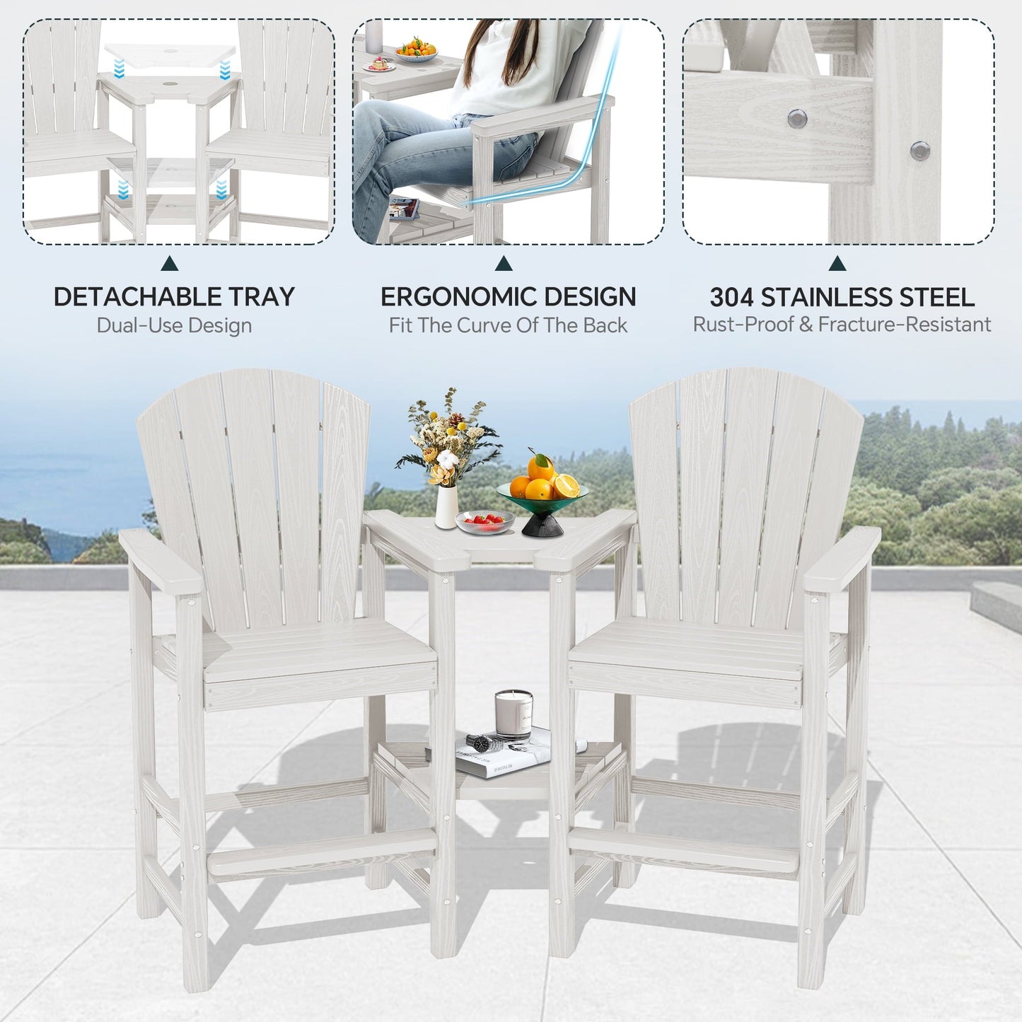 SERWALL Tall Adirondack Chairs Set of 2 with Double Layer Connecting Tray, HDPE Bar Height Outdoor Chairs, for Patio, Balcony, Porch, Pool, White