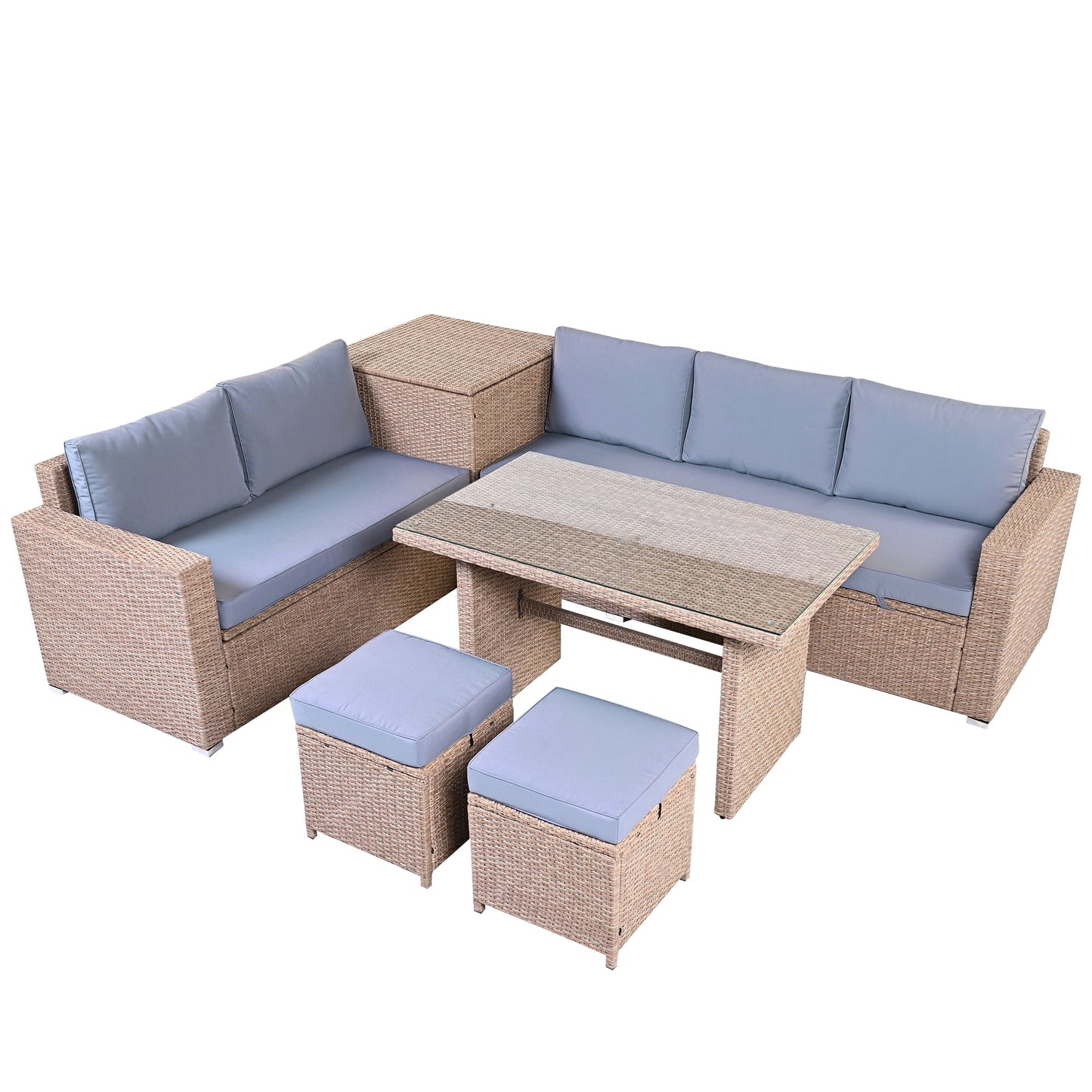 Olurrisa Outdoor 6-Piece All Weather PE Rattan Sofa Set, Garden Patio Wicker Sectional Furniture Set with Adjustable Seat, Storage Box, Removable Covers and Tempered Glass Top Table, Natural