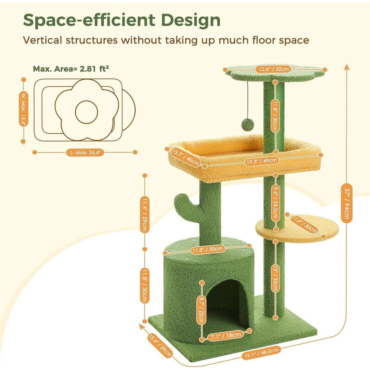Tree 36.5 Inches Tower Indoor Cats Multi-Level Cactus Tree with Scratching Posts Private Condo Plush Perch for Small Cat Kittens