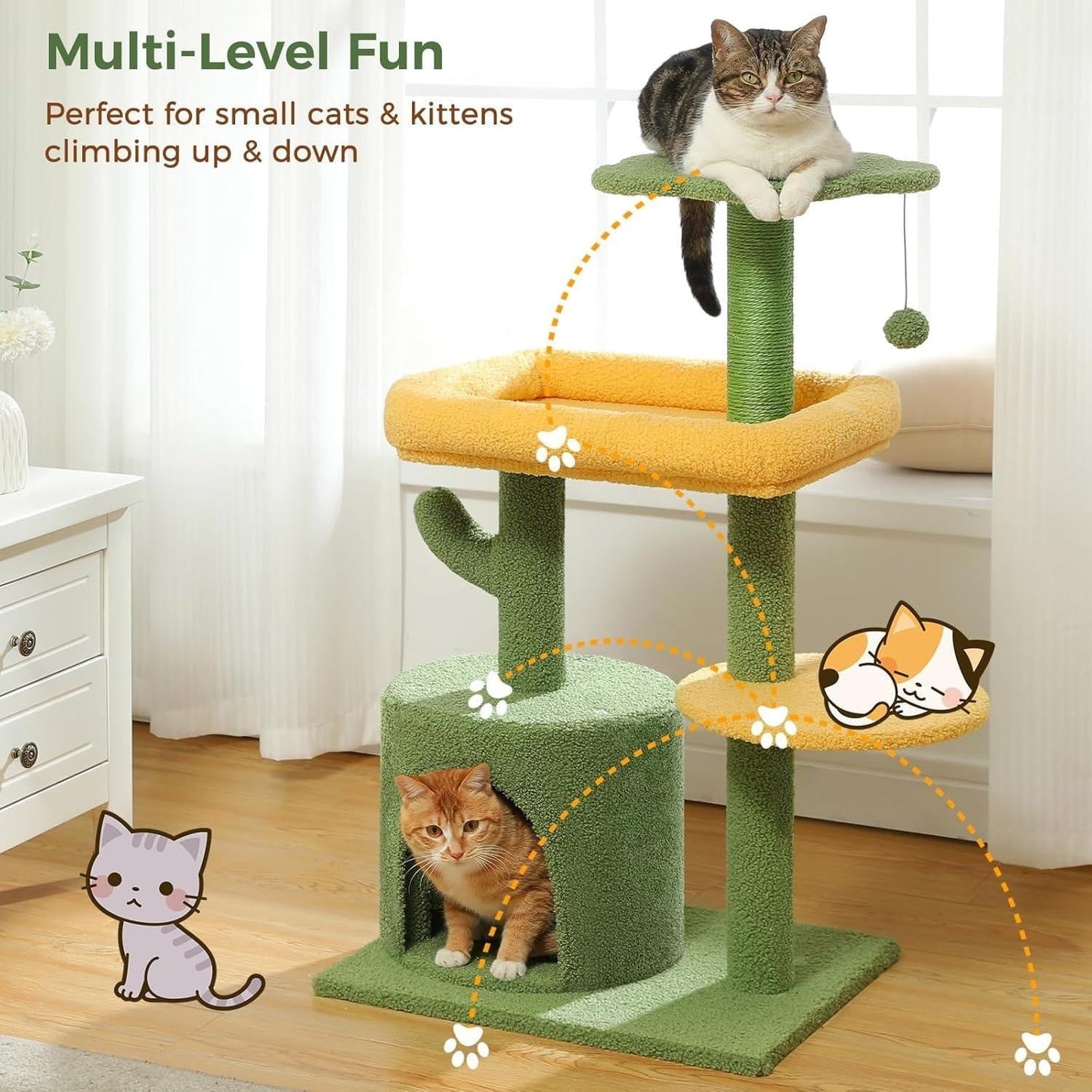 Tree 36.5 Inches Tower Indoor Cats Multi-Level Cactus Tree with Scratching Posts Private Condo Plush Perch for Small Cat Kittens
