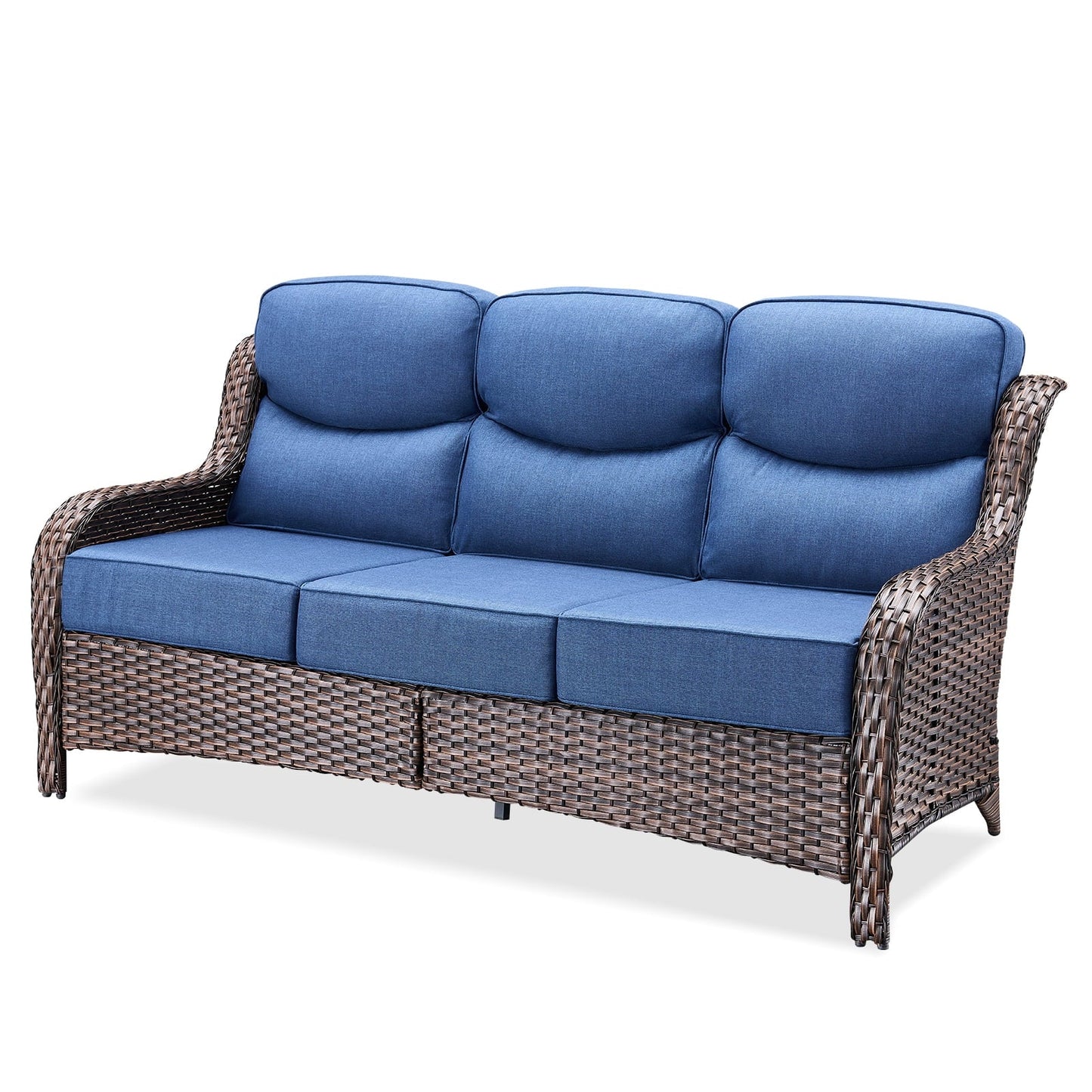 OPOHORO 71" Wide Brown Wicker Patio 3-Seat Couch, Weather Resistant Rattan Outdoor Furniture Sofa with Deep Seat for Patio Backyard Porch, Blue Cushion