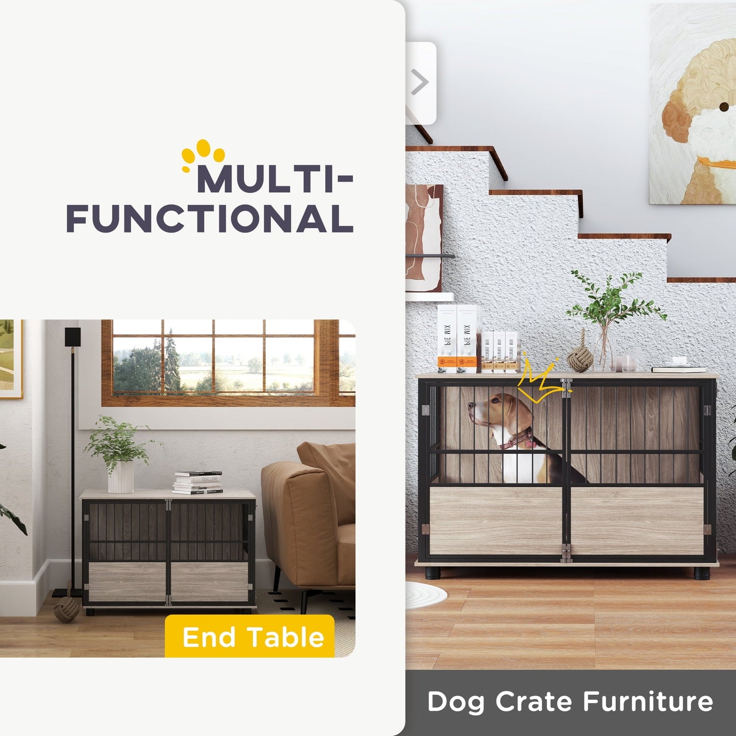 Noaman PawHut 39.5" Wooden Dog Crate Furniture End Table, Brown Indoor Pet House with 3 Doors for Small to Large Dogs, Multi-Functional Kennel & Side Table