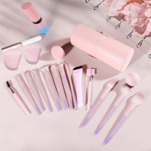 Makeup Brush Set 19 Pcs Premium Synthetic Foundation Powder Concealers Eye shadows Blush Travel Makeup Brushes Holder Set (Pink)