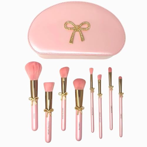 Bow Makeup Brush Set – 9-Piece - Pink bow makeup bag Coquette with Gold Bow & Storage Bag – Beginner Friendly makeup Brushes for Foundation, Contour & More