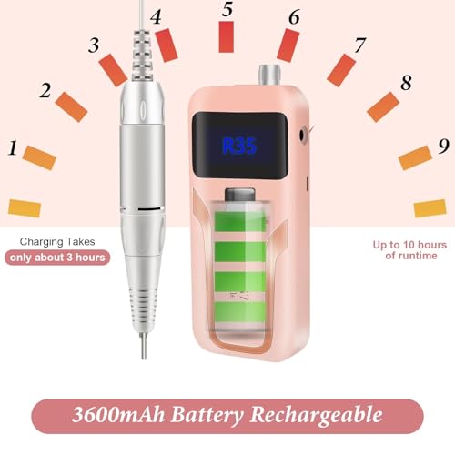 Electric Nail Drill, DELIFO Portable Nail Drill Professional PedicureRechargeable 35000 RPM Nail File Machine Acrylic Nails Polishing Tools with Bits LED Display for Home Salon Manicure