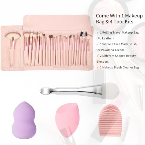Makeup Brushes, Quality Make Up Brushes 28Pcs Makeup Brushes Set Professional & Beginner Make-up Sets & Case, Brushes & Sponges,Travel-Friendly Roll-up Beauty Gift Sets for Women, PINK