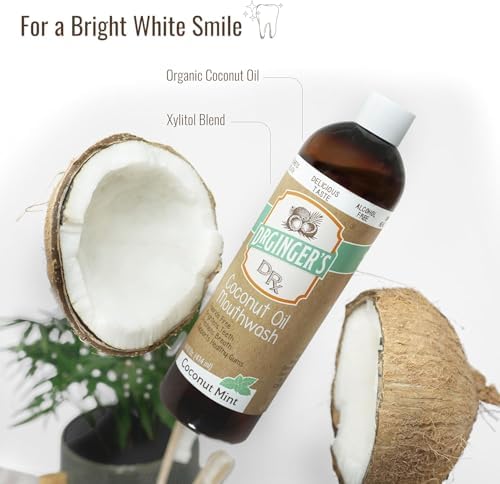 Dr. Ginger’s Coconut Oil Pulling Alcohol Free Mouthwash - Mint Flavor, 14 fl oz Support Gum Health, Tongue, and Teeth Whitening for Adults, Fluoride Free, All-Natural Oil and Xylitol for Bad Breath