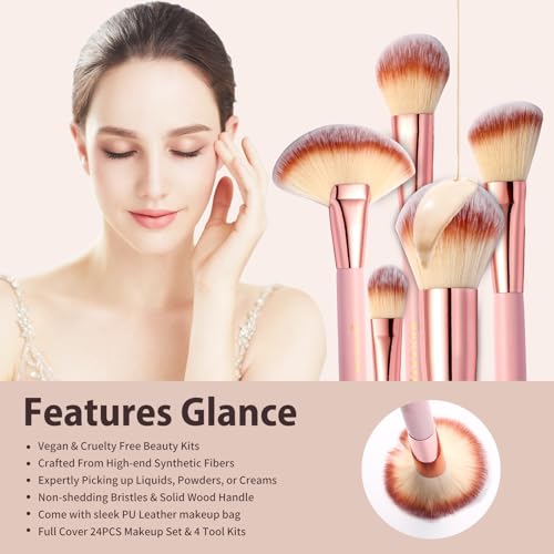 Makeup Brushes, Quality Make Up Brushes 28Pcs Makeup Brushes Set Professional & Beginner Make-up Sets & Case, Brushes & Sponges,Travel-Friendly Roll-up Beauty Gift Sets for Women, PINK