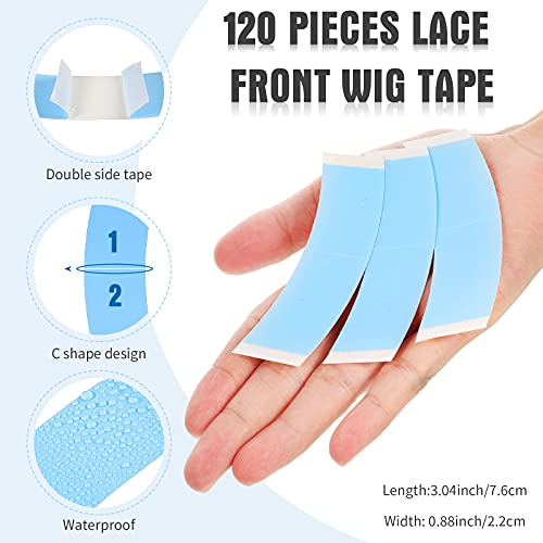 Maitys 120 Pieces Lace Front Wig Tape Double Sided Adhesive Waterproof C-Shaped for Long Short No Hair Wigs Toupees Pieces and Extension(Blue)