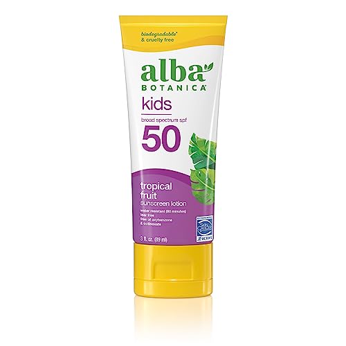 Alba Botanica Kids Sunscreen For Face And Body, Tropical Fruit Sunscreen Lotion For Kids, Broad Spectrum Spf 50, Water Resistant
