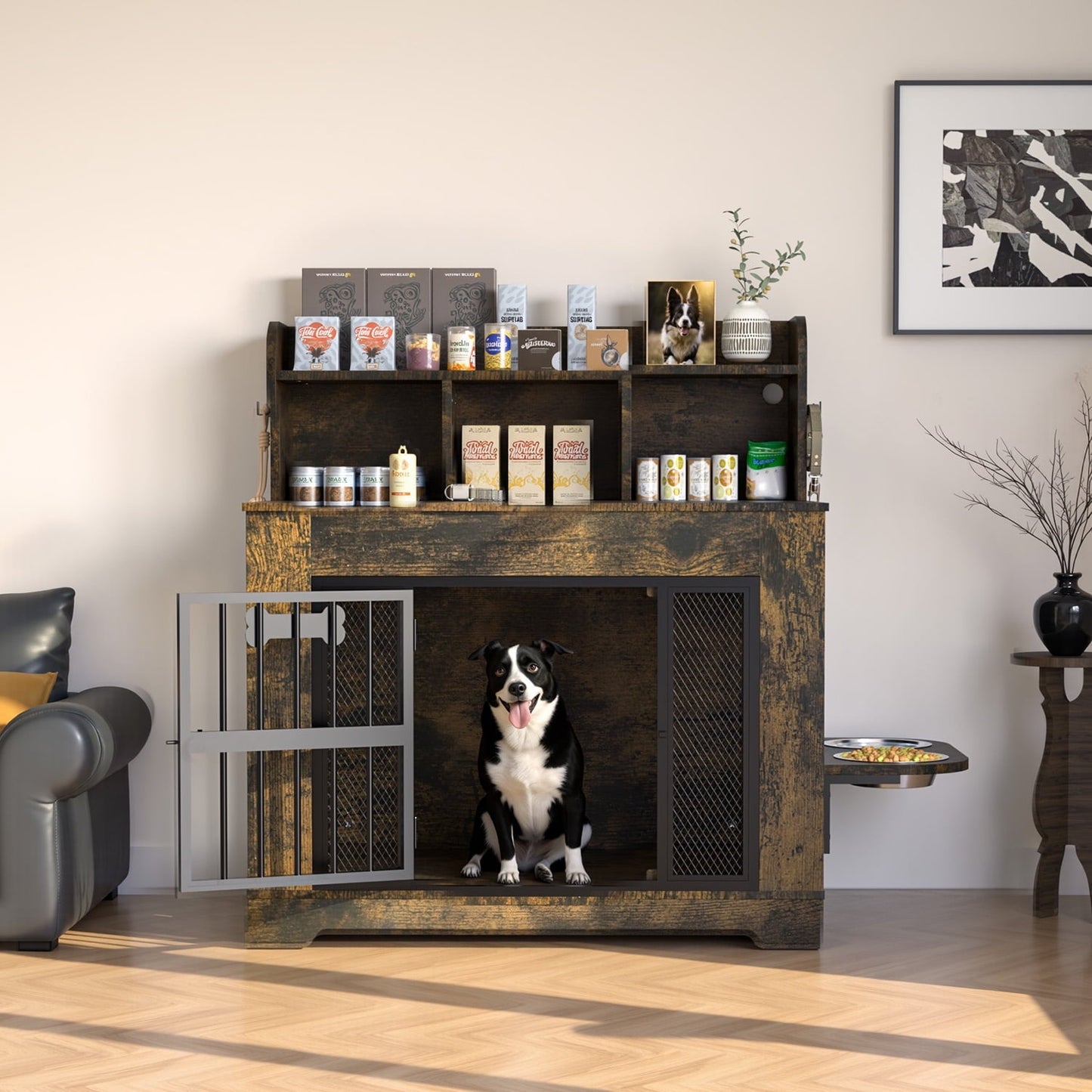 Behost 34" Industrial Dog Crate Furniture with Feeding Bowls LED Light Bone Nameplate Double Layer Storage for Large Dogs Rustic Brown