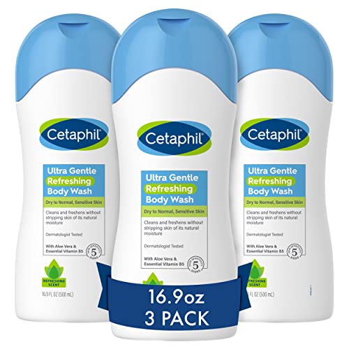 Cetaphil Ultra Gentle Refreshing Body Wash, Refreshing Scent For Dry To Normal, Sensitive Skin, 16.9Oz Pack Of 3, With Aloe Vera