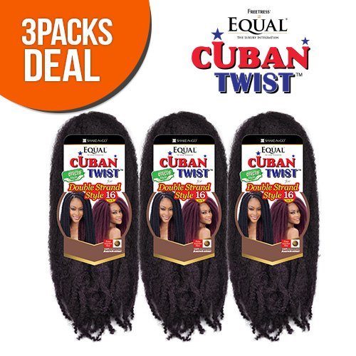 Freetress Equal Synthetic Hair Braids Double Strand Style Cuban Twist Braid 16'' (3-Pack, 1B)