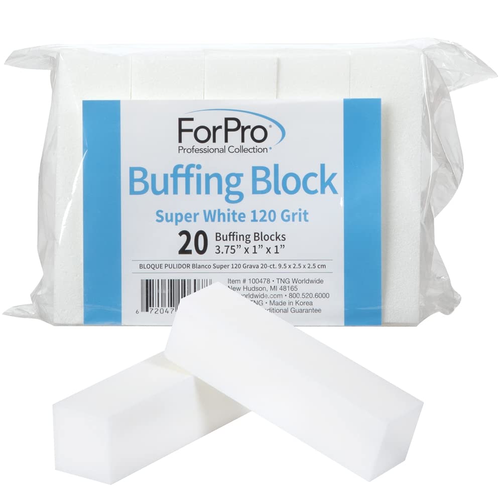 ForPro Super White Buffing Block, 120 Grit, Four-Sided Manicure and Pedicure Nail Buffer, 3.75 L x 1 W x 1 H, 20-Count