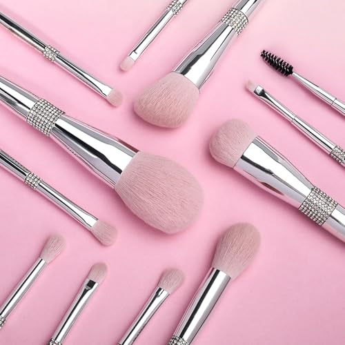 Professional Makeup Brush Set Luxury 11pcs Silver Glitter Crystal Make Up Brush Kit Vegan Soft Synthetic Hair Foundation Eyeshadow Eyebrow Lip Cosmetic Brush Set With Gift Box For Girl