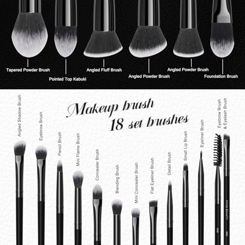 Professional Makeup Brush Set,18 Pcs Travel Brochas Para Maquillaje Kit with Case,Powder Foundation Concealer Blush Eyeshadow Face Contouring Makeup Brushes,Black Make up Brushes Set with Labels