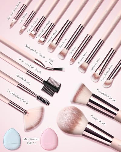 Makeup Brushes with Case, 20PCs Travel Makeup Brush Set, Foundation Concealer Blush Eyeshadow Brush Set Contour Powder Eyebrow Eyelash Brush Kit with Led Light Mirror Holder & 2 Powder Puff-Pink