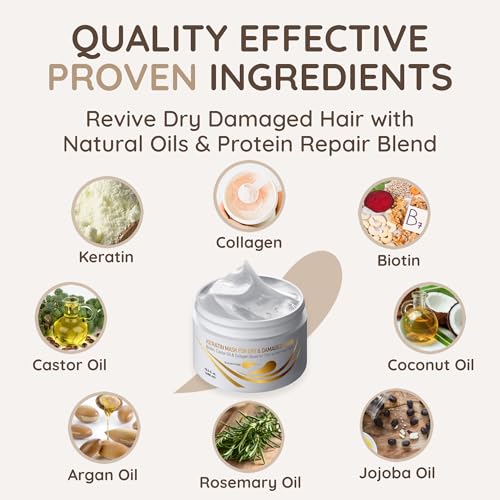 VITAMINS hair cosmetics Keratin Hair Mask – Deep Repair Conditioner with Biotin & Castor Oil - For Damaged, Dry, Curly, Straight, Thin & Fine Hair - Intense Collagen Protein Treatment