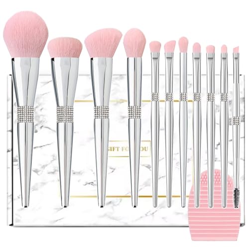 Professional Makeup Brush Set Luxury 11pcs Silver Glitter Crystal Make Up Brush Kit Vegan Soft Synthetic Hair Foundation Eyeshadow Eyebrow Lip Cosmetic Brush Set With Gift Box For Girl