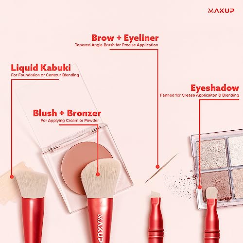 MAKUP JetSetter 4 in 1 Travel Makeup Brush - All in One Set includes Kabuki Liquid Foundation, Blush, Contour, Eyeshadow & Angeled Brush for Brow and Eyeliner. Luxurious, Ultra Soft, Vegan Bristles.