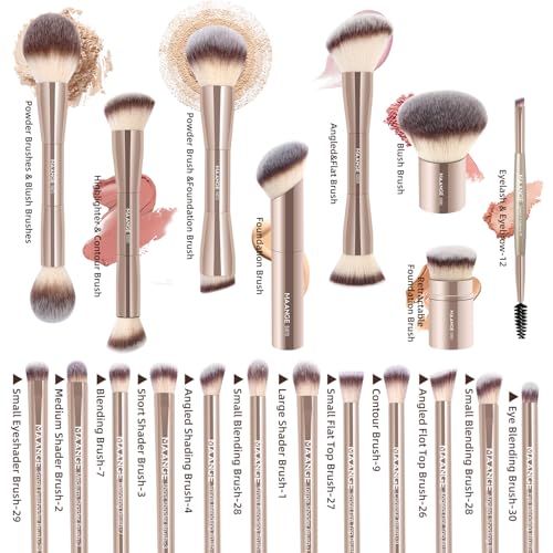 MAANGE 20 PCS Foundation Makeup Brush Set, Double-ended Kabuki Contour Brush for Liquid Powder Concealer Blending Blush Face Makeup Tools (Gold)