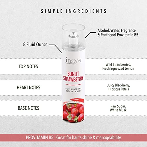Instyle Fragrances | Body & Hair Mist | Sunlit Strawberry Scent | With Panthenol | CLEAN, Vegan, Paraben Free, Phthalate Free | Premium 8 Fl Oz Spray Bottle