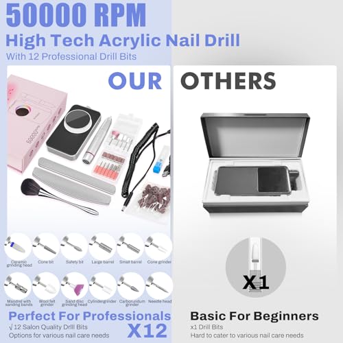 Electric Nail Drill Professional 50000RPM, 2025 Pro Fast Removal Electric Nail File for Acrylic Gel Nails, 6000mAh Rechargeable Nail Drill Machine, Efile Kit with 12pcs Bits for Manicure Salon Home