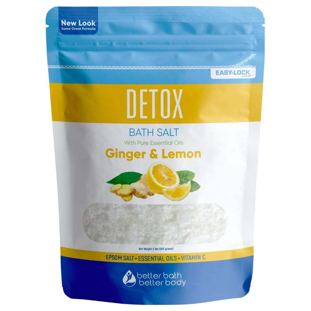 Detox Bath Salt 32 Ounces Epsom Salt With Natural Ginger And Lemon Essential Oils Plus Vitamin C In Bpa Free Pouch With Easy Pre