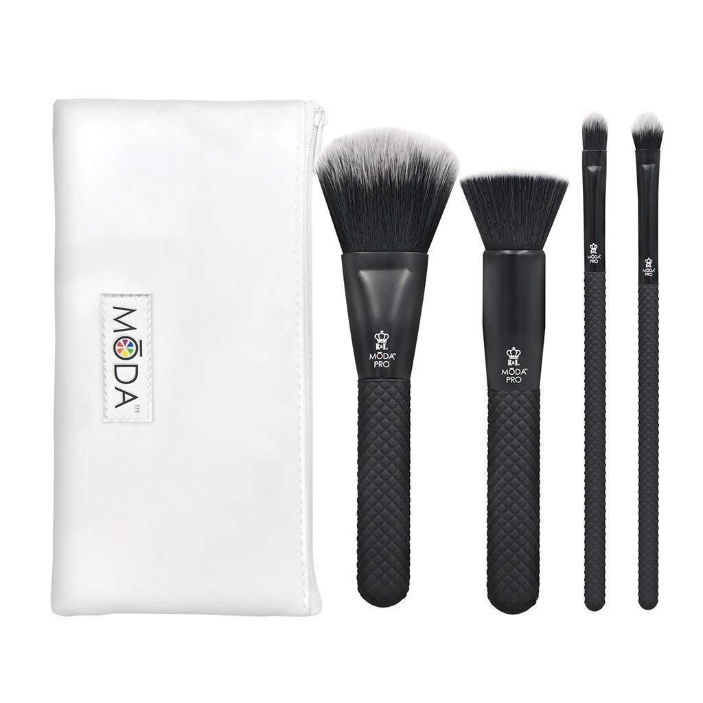 Moda Pro Complete 5Pc Makeup Brush Set With Pouch, Includes, Flat Powder, Blender, Concealer, And Shader, Black