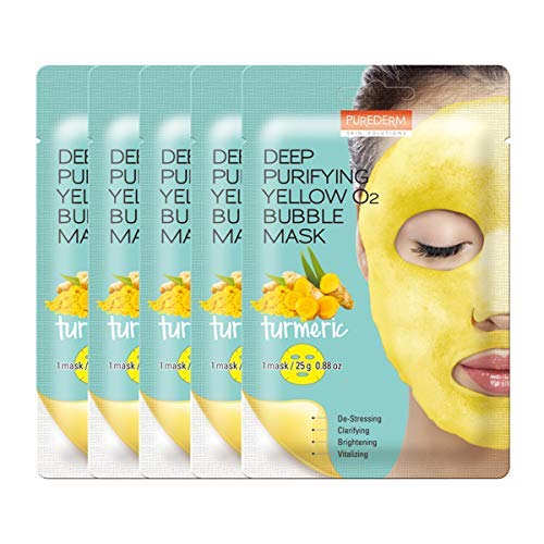 Purederm Deep Purifying Yellow O2 Bubble Mask Turmeric (5 Pack) - Bubble Face Sheet Mask for Purifying & Vitalizing