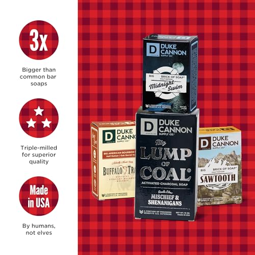 Duke Cannon Supply Co. Holiday Naughty & Nice Gift Set - Full Size Lump of Coal Soap & 3 Junior Soaps (American Bourbon, Sawtooth, Midnight Swim)