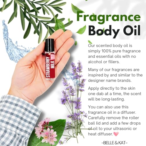Fragrance Body Oil Roll-On Scented Strawberry Milk - 0.33 Fl Oz (10ml) for Men & Women - 100% Fragrance Oil - No Alcohol Fillers - Can Also Use as Diffuser Oil - Made in USA