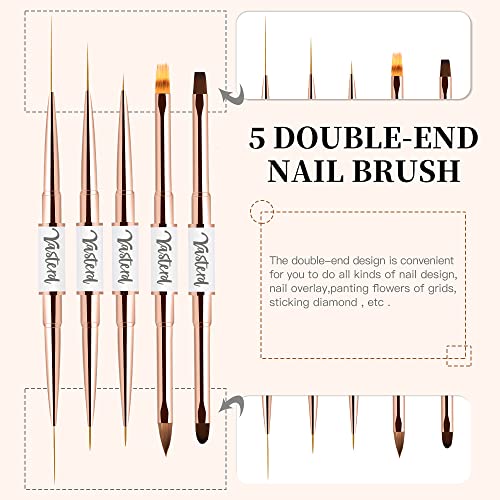 Yasterd Nail Art Brushes Set - Professional 5pcs Double-Ended Acrylic Nail Art Brushes Liner Detail Thin Brushes for Drawing Design Brushes Gel Builder Brushes 3D Nail Art Tools for Salon at Home DIY Manicure