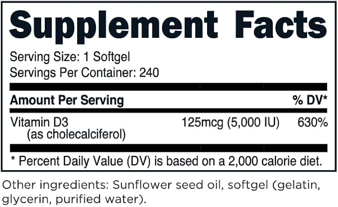 TransformHQ Vitamin D3 5000 IU (125mcg) 240 Softgels - Vitamin D Supplement, Gluten Free, Non-GMO