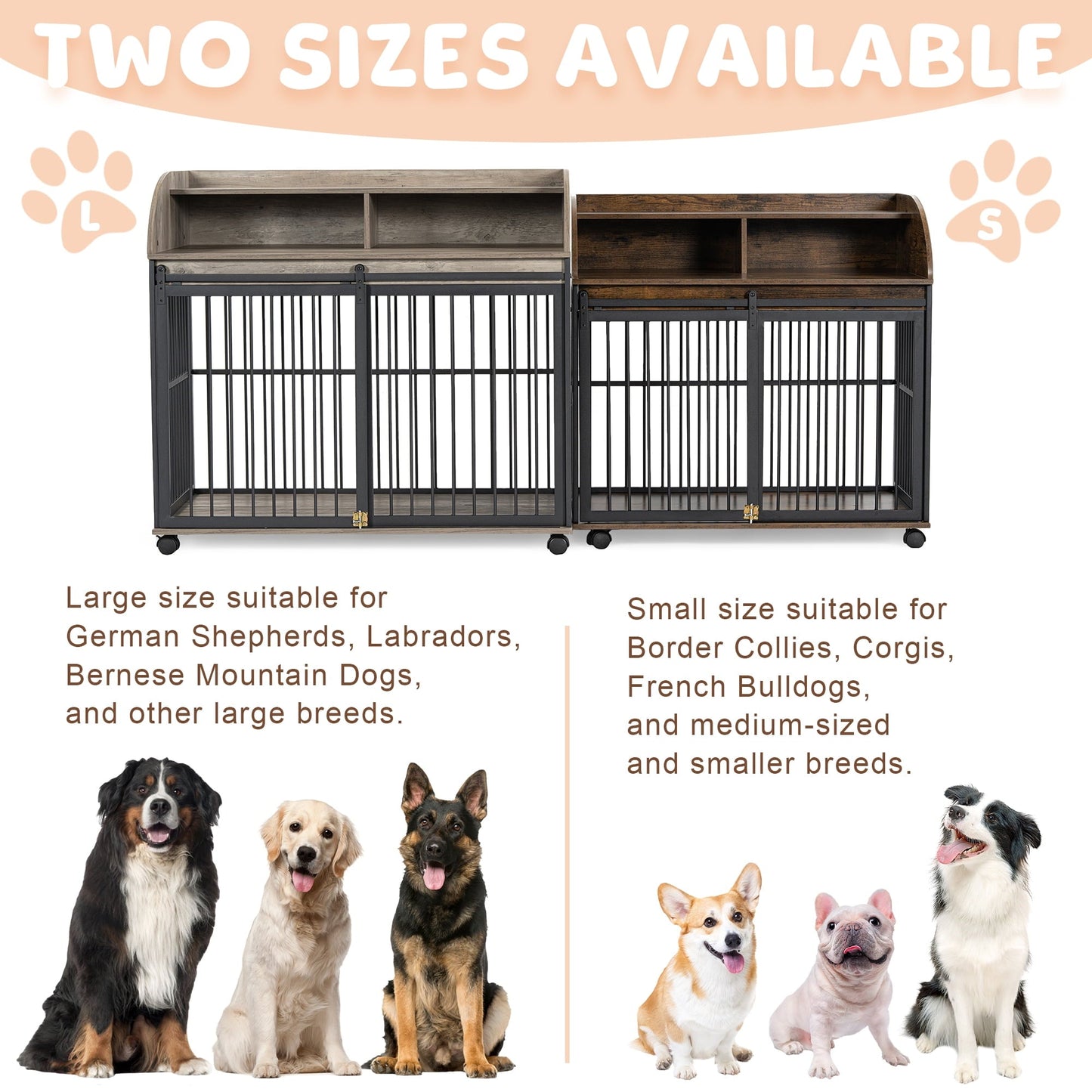 Noaman GO 44'' Heavy Duty Large Dog Crate Furniture with Lockable Wheels, Wooden Dog Kennel & End Table with Double Layer Storage, Gray