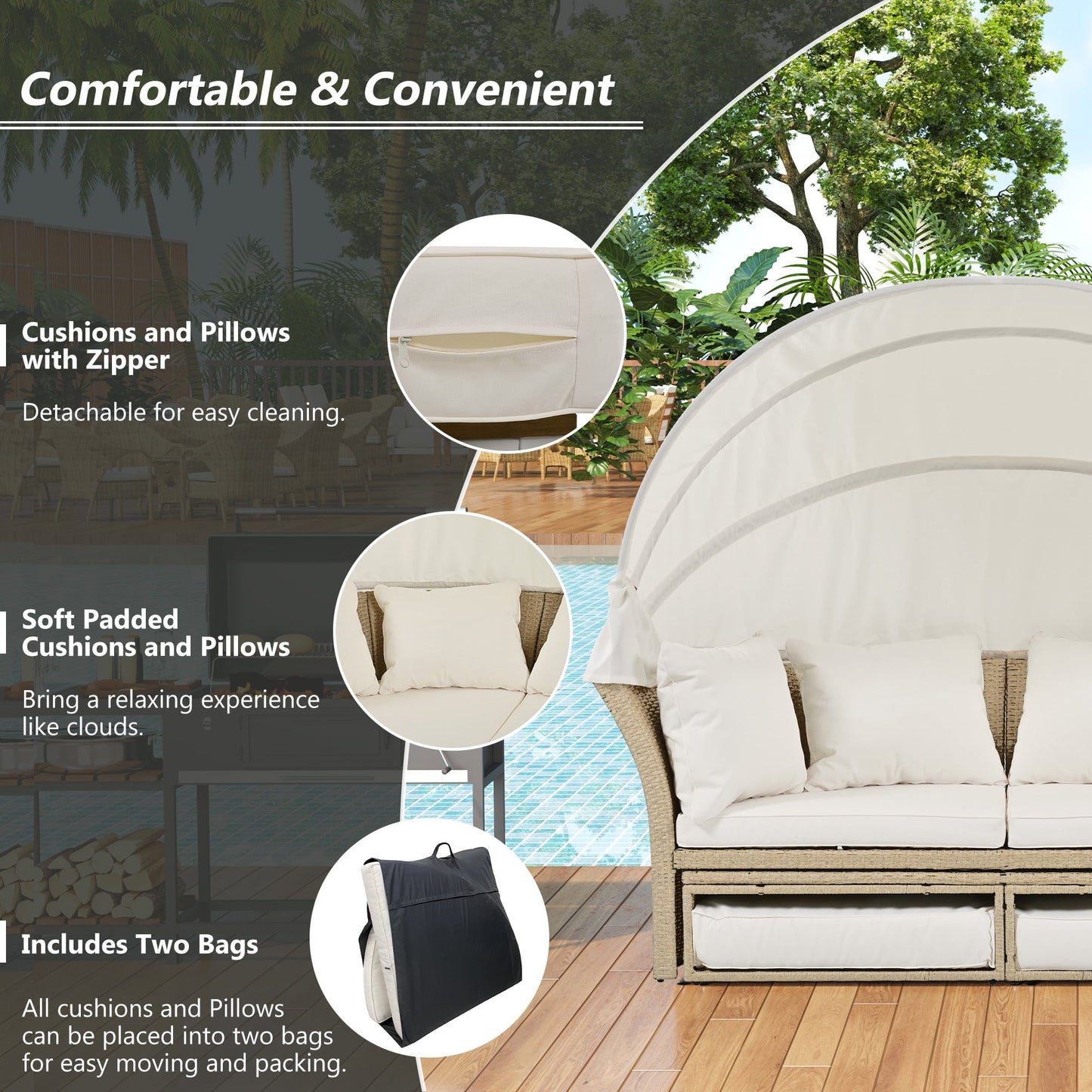 Outdoor Rattan Double Daybed with Retractable Shade, 4 Pillows Included for Lawn, Garden, or Poolside, Beige