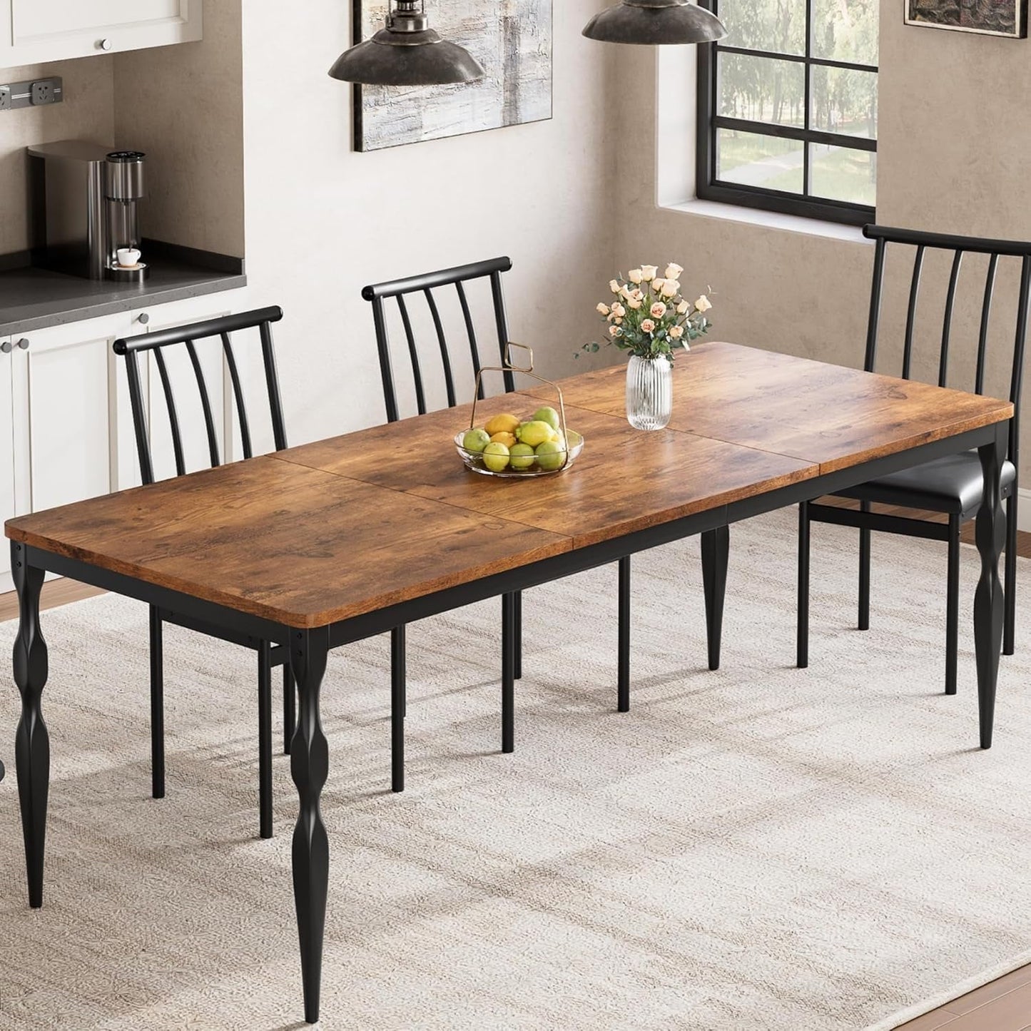 Garvee Dining Room Table 6, 70.9'' Mid Century Kitchen Table Furniture with Metal Frame Heavy Duty Legs, Waterproof Industrial Rectangle Dining Table, Dinette and Dinner Desk For Party (Retro)