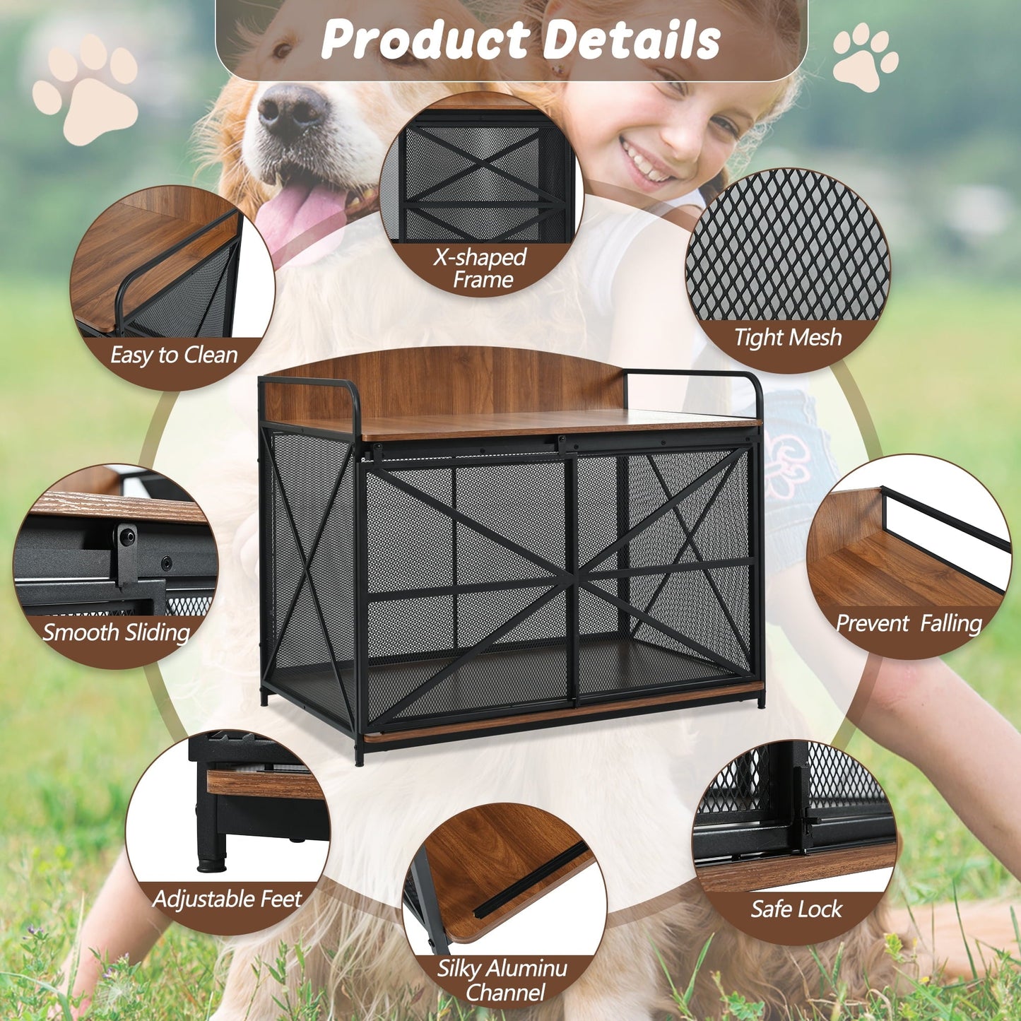 Noaman 42.8" Heavy Duty Farmhouse Dog Crate Furniture, Wooden Indoor Kennel & End Table for Large Dogs, Brown, Supports Up to 110lbs