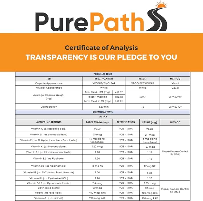 PurePath Non-Toxic Adult Multivitamin - 13 Vitamins - 100% RDA - No Harmful Megadoses - with B6 & B12 - Supplement for Optimal Energy, Focus, and Longevity - 60 Capsules - 30 Day Supply