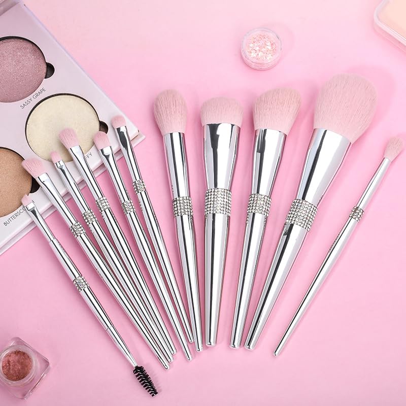 Professional Makeup Brush Set Luxury 11pcs Silver Glitter Crystal Make Up Brush Kit Vegan Soft Synthetic Hair Foundation Eyeshadow Eyebrow Lip Cosmetic Brush Set With Gift Box For Girl