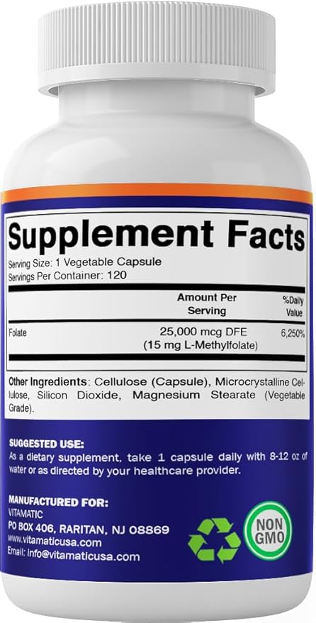 Vitamatic Methyl Folate 15mg – 120 Vegetable Capsules Optimized and Activated High Potency – Metabolically Active Folate
