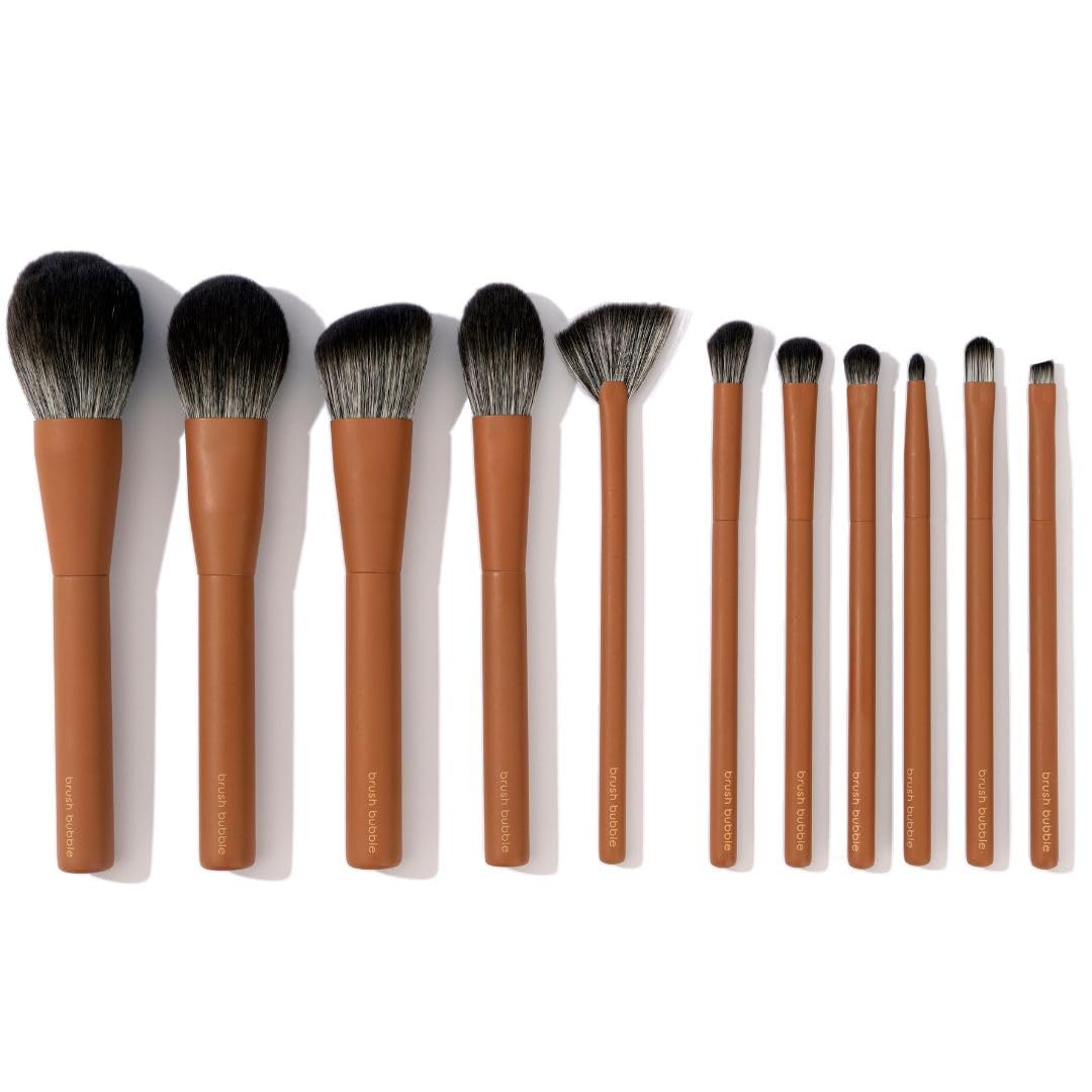 Makeup Brush Set- Brush Bubble Full Set Makeup Brushes For Liquid Foundation, Powders, Creams And Shadows. 11 Piece Vegan, Silve