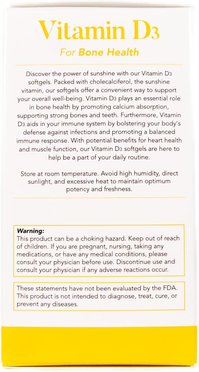| Vitamin D3 | 50 mcg (2000 IU) Per Softgel | Dietary Supplement for Bone Health | Made in USA | 3 Pack of 60 Count (180 Softgels Total)