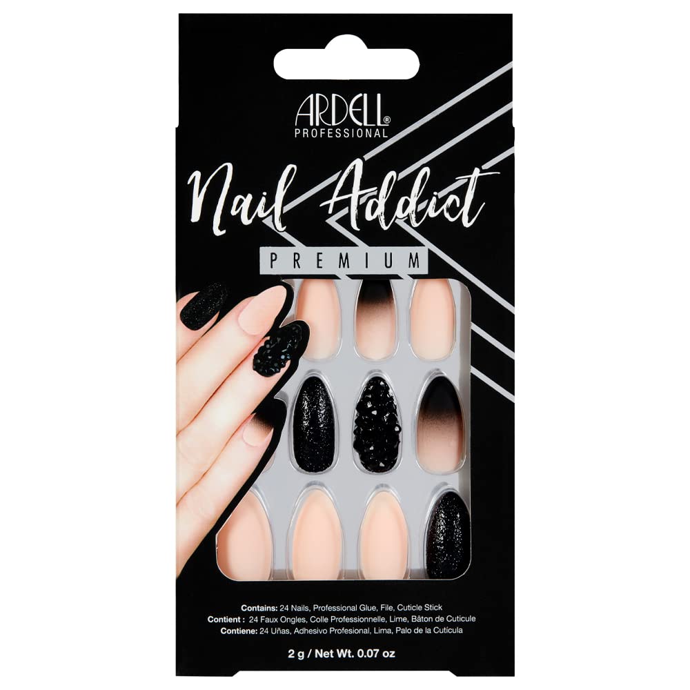 Ardell Nail Addict Premium Artificial Nail Set, Almond Shaped Black Stud & Pink Ombre Jeweled And Matte Press On Nails, 24 Glue