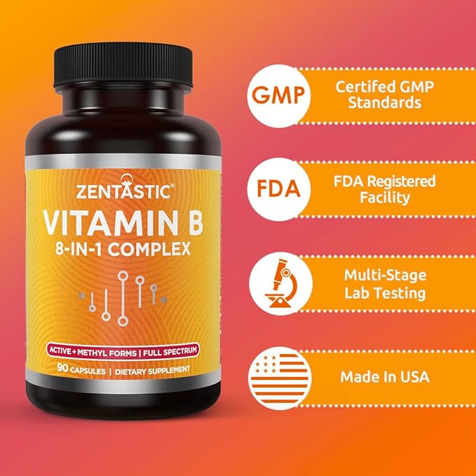 Zentastic Vitamin B-Complex - All B Vitamins with B12, B6, B9 Folic Acid, Choline, Inositol - Active and Methyl Forms - Nervous System, Energy, Metabolism, Immune Support - 90 Vegan Capsules