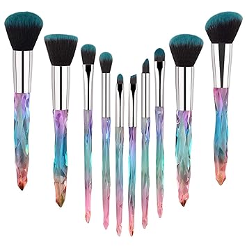 Yuwaku Makeup Brushes - 10pcs Premium Synthetic Foundation Blending Blush Powder Eyeshadow Brush Set Blue Transparent Crystal Handle Cute Make Up Tools