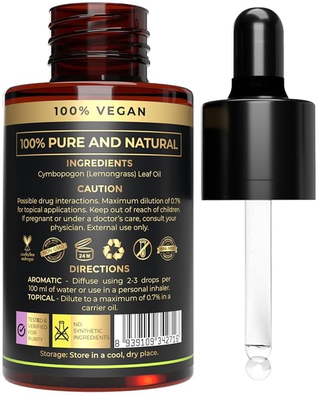 Lemongrass Essential Oil | 100% Pure & Natural Aromatherapy Oil for Diffuser | Skin Care, Hair Care, Scalp Massage & Home Purification